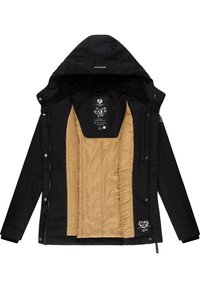 Veste noire avec capuche, dotée d'un intérieur matelassé beige. Le design comprend des fermetures à pression et un logo sur la doublure intérieure.