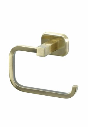 Gebürsteter goldener rechteckiger Toilettenpapierhalter mit offenem Ende und quadratischer Wandhalterung auf weißem Hintergrund.
