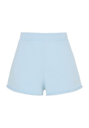 Shorts bleu clair à taille élastique avec revers, présentés sur fond blanc.