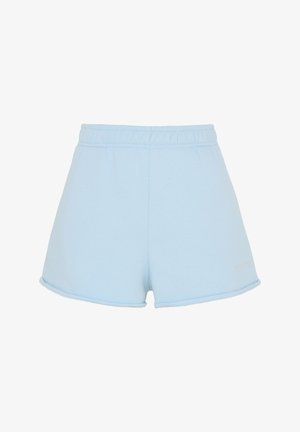 Shorts bleu clair à taille élastique avec revers, présentés sur fond blanc.