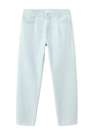 Vaqueros azul claro de talle alto y pierna recta, con botón delantero, cierre de cremallera, pasadores para cinturón y diseño de cinco bolsillos.