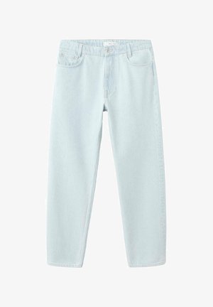 Vaqueros azul claro de talle alto y pierna recta, con botón delantero, cierre de cremallera, pasadores para cinturón y diseño de cinco bolsillos.