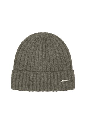Gray knitted beanie with a ribbed texture, featuring a folded cuff and a small metallic tag on the side.