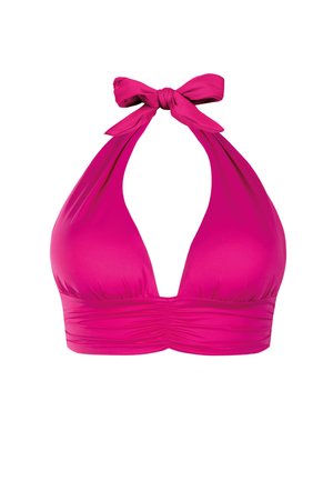 Jasnoróżowy bikini top na szyję z wiązaniem z przodu i marszczoną taśmą pod biustem, prezentowany na białym tle.