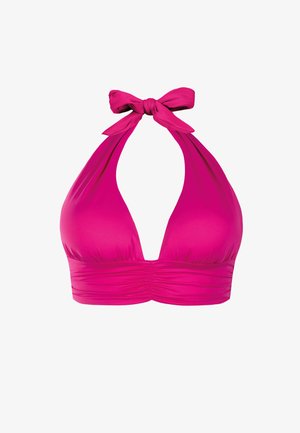 Jasnoróżowy bikini top na szyję z wiązaniem z przodu i marszczoną taśmą pod biustem, prezentowany na białym tle.