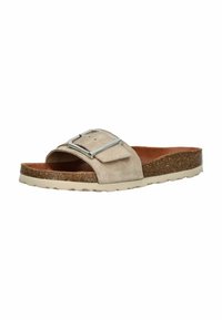 Sandale à glissière en suédine beige clair avec une large sangle dotée d'un détail en boucle métallique. Semelle intérieure en liège rembourrée et semelle extérieure en matériau semblable au caoutchouc.