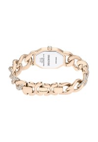 Montre-bracelet en acier inoxydable doré, avec un cadran ovale, un design de chaîne liée, des accents en cristal et des détails de marque gravés au dos.