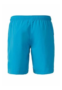Heldere blauwe zwemboxers met een elastische tailleband, een gladde textuur en geen zichtbare patronen of hardware details.