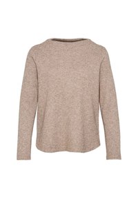 Pull en maille beige à manches longues avec un motif texturé subtil, col rond et un ourlet légèrement arrondi.