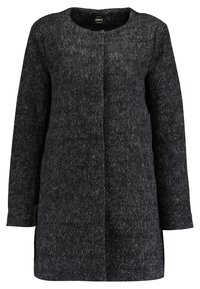 Cappotto in misto lana nero con finitura testurizzata, collo rotondo, maniche lunghe e chiusura frontale nascosta. Design a mezza lunghezza.