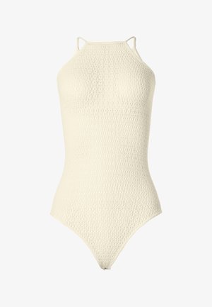 Einteiliger Badeanzug in Cremefarben mit einem strukturierten, gehäkelten Muster und dünnen doppelten Schulterträgern.