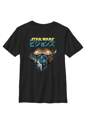 Sort bomulds T-shirt med et farverigt grafisk design af en hjelm og våben samt "STAR WARS" tekst og japanske tegn ovenfor.