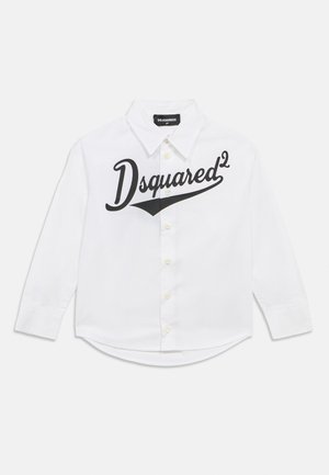 White button-up shirt made of cotton featuring a black "Dsquared²" logo across the chest. Classic collar, long sleeves, and curved hem.