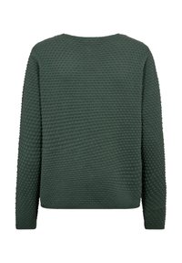 Groene trui met textuur, voorzien van een ronde halslijn en lange mouwen, met een hobbelig, geweven patroon over de stof.