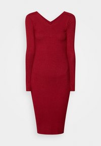 Robe en tricot côtelé rouge avec des manches longues, un décolleté en V, coupe ajustée et longueur genou. Texture lisse avec de subtils motifs verticaux.