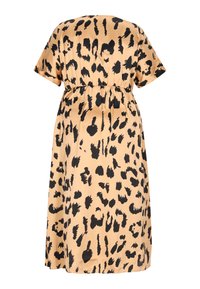 Leopardprint kjole i blødt satin, med en beige bund og sorte pletter, korte ærmer og elastisk talje for en afslappet pasform.