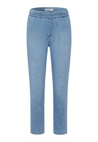 Pantalons jogger en denim bleu clair avec une taille élastique, présentant une coupe droite classique et des détails de couture subtils.