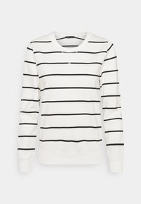 Sudadera blanca con rayas horizontales negras, escote redondo, mangas largas y puños y dobladillo acanalados. Tela suave con una textura lisa.