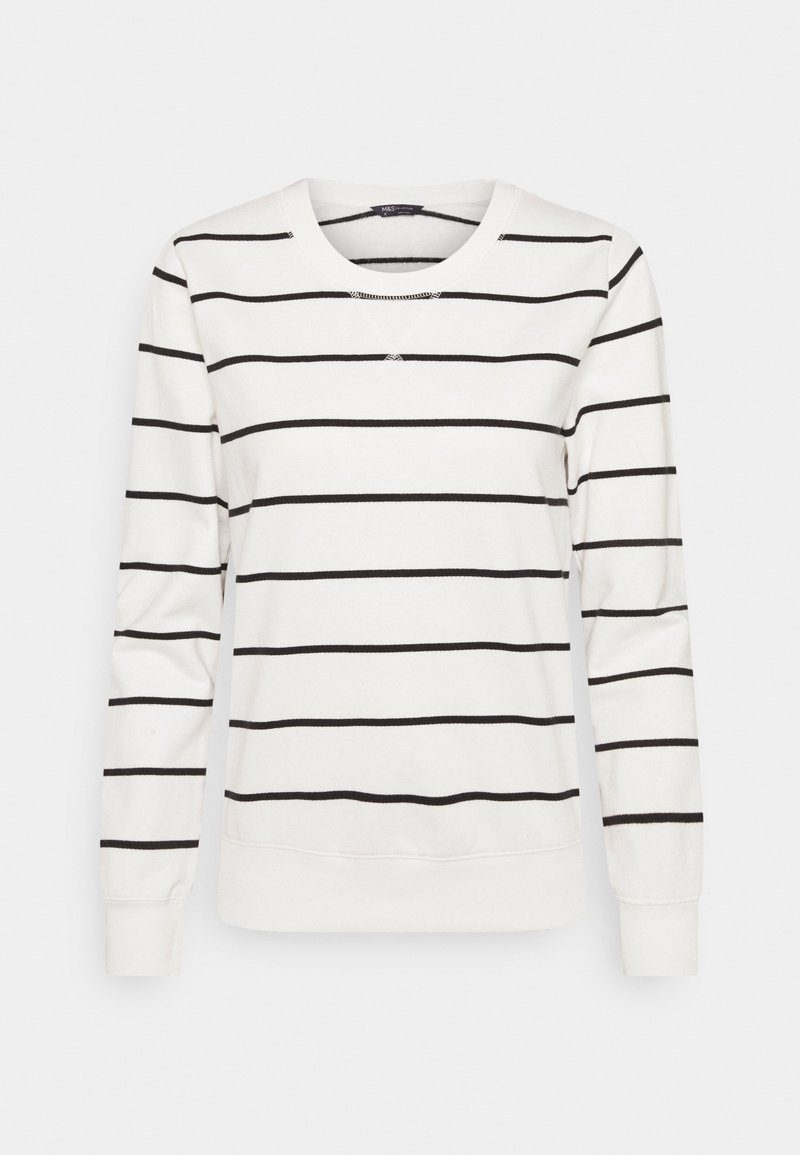 Sudadera blanca con rayas horizontales negras, escote redondo, mangas largas y puños y dobladillo acanalados. Tela suave con una textura lisa.