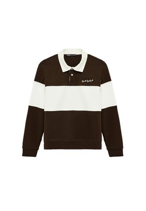 Langärmliges braun-weißes Rugbyshirt mit weißem Kragen, Zweiknopfleiste und kleinem weißen Schriftzug-Logo auf der linken Brust.