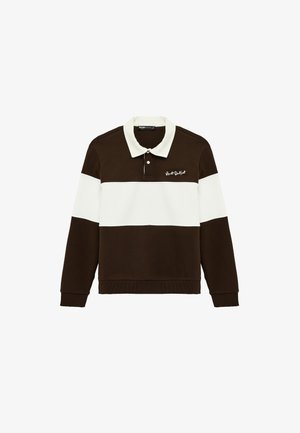 Langærmet rugbytrøje i brun og hvid med hvid krave, to-knaps åbning og lille hvidt skriftslogo på venstre bryst.
