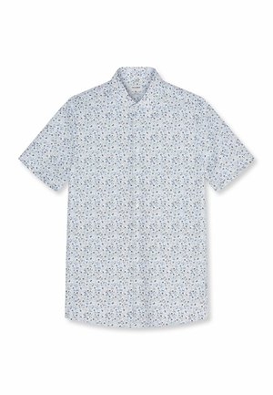 Herren Kurzarm-Hemd mit kleinem blau-schwarzem Blumenmuster auf weißem Hintergrund, weiter Kragen.