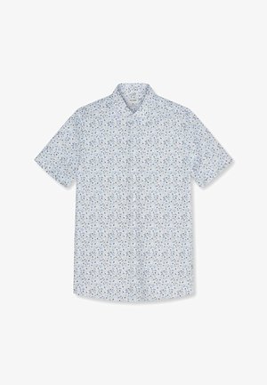 Herren Kurzarm-Hemd mit kleinem blau-schwarzem Blumenmuster auf weißem Hintergrund, weiter Kragen.