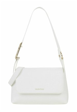 Borsa a tracolla Valentino in pelle bianca con chiusura a patta e tracolla regolabile con dettagli in oro sulla fibbia.