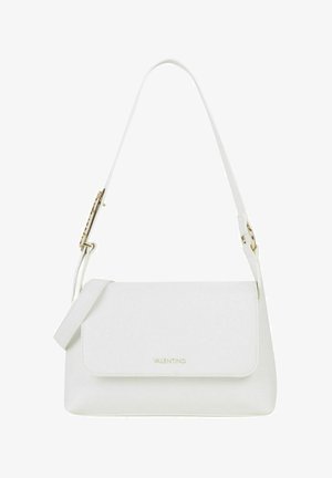 Borsa a tracolla Valentino in pelle bianca con chiusura a patta e tracolla regolabile con dettagli in oro sulla fibbia.