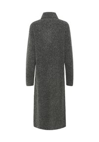 Cappotto lungo grigio realizzato in tessuto testurizzato, caratterizzato da un colletto a punte e maniche lunghe, design con taglio dritto e senza chiusure visibili.