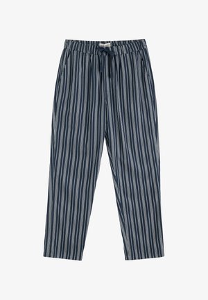 Pantaloni a righe blu navy con vestibilità rilassata, vita elastica e cordino. Presentano tasche laterali e un tessuto leggero.