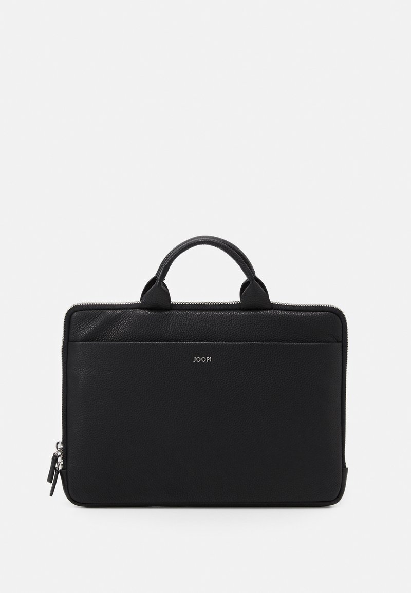 Black leather laptop bag with two handles, a textured finish, zip closure, and a small logo on the front. Rectangular shape, minimalist design.
