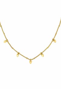 Collar de cadena en tono dorado con pequeños colgantes en forma de hoja, eslabones delicados y un acabado pulido, con una longitud de aproximadamente 18 pulgadas.