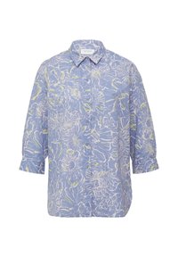 Blue floral button-up shirt with short sleeves, featuring white and green floral patterns on lightweight fabric.
