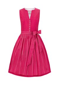 Helles rosa Kleid mit ärmellosem Design, Knopfdetails und einem geflochtenen Taillengürtel. Der Rock weist vertikale Streifenmuster auf.