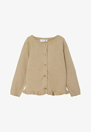 Cardigan beige en maille à manches longues avec encolure ronde, boutons dorés sur le devant et détail volanté à l'ourlet.