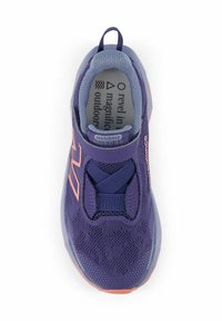 Purple athletic shoe with mesh upper and elastic laces. Features a contrasting pink logo and textured sole for traction. Designed for outdoor use.