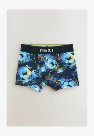 Bokso šortai su mėlynos ir juodos spalvos futbolo kamuoliuko raštu, papildytu oranžinėmis ir žaliosiomis dėmėmis. Elastingas juosmens diržas su užrašu "NEXT". Medžiaga - medvilnė.