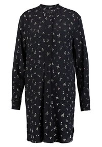 Svart långärmad skjortklänning med knappslå och blommönster i rosa och vitt. Tillverkad av ett lätt och slätt tyg.