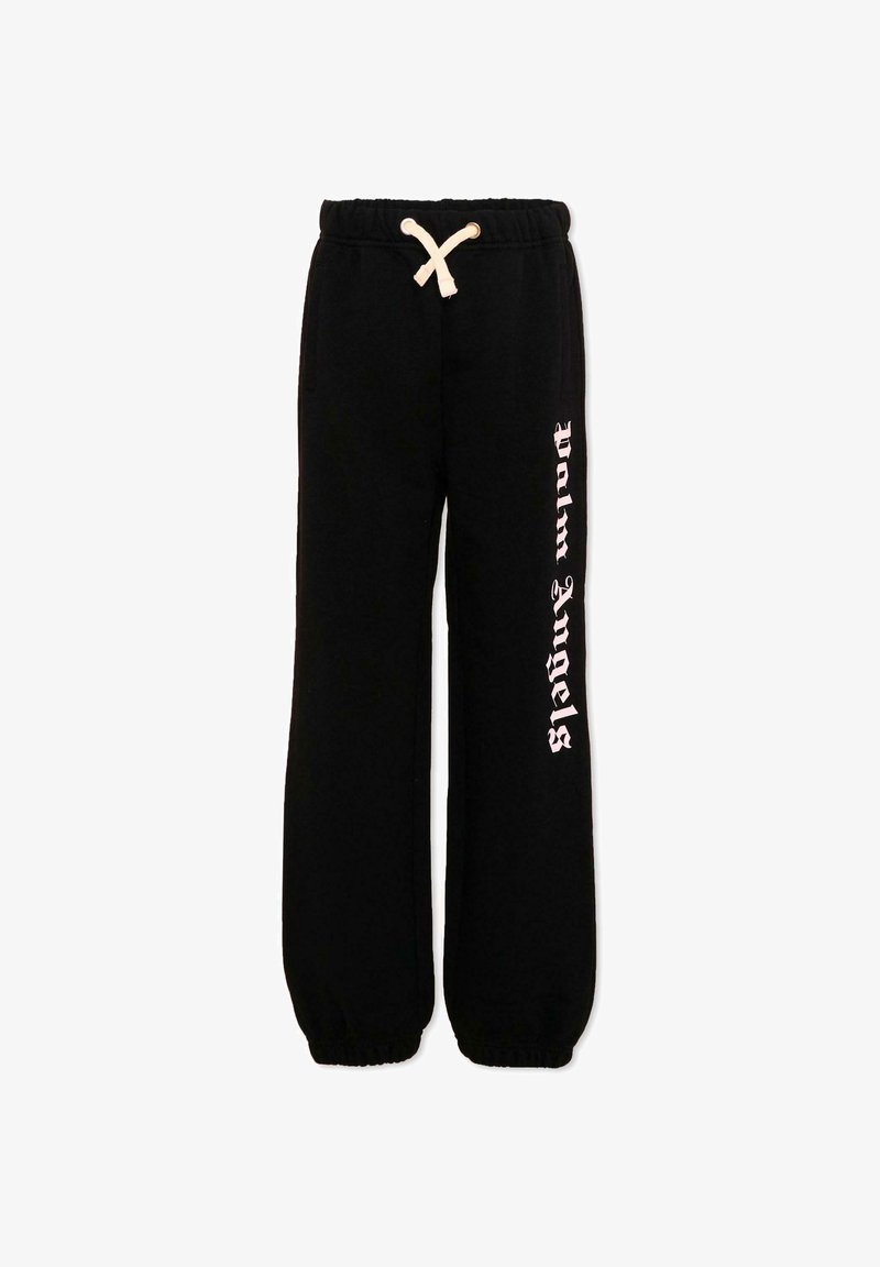 Pantalon de survêtement noir à cordon de serrage avec des poignets élastiques et le texte "Palm Angels" imprimé en blanc verticalement sur la jambe droite.