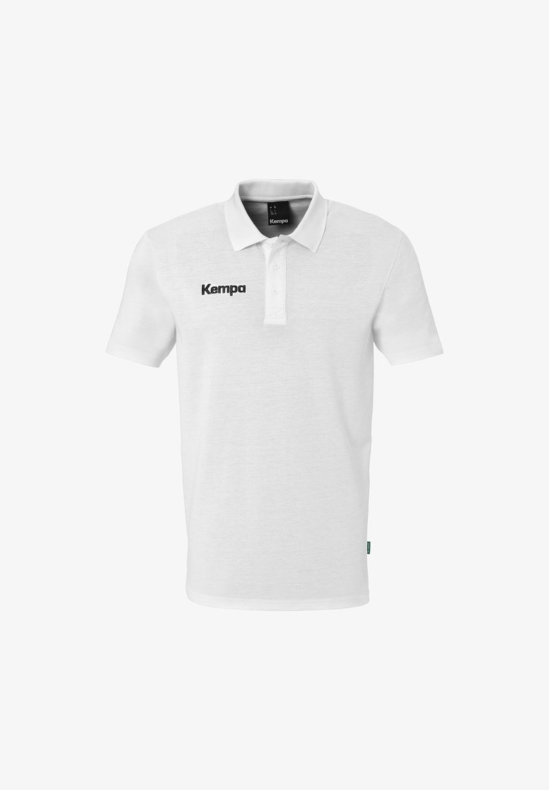 Witte poloshirt van katoen met korte mouwen, een kraag en een drieknopenlijst. Bevat een zwart 'Kempa' logo op de borst.