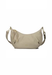 Borsa a spalla beige realizzata in materiale liscio, con una forma arrotondata, dettagli in metallo dorato e due tirazip decorativi.
