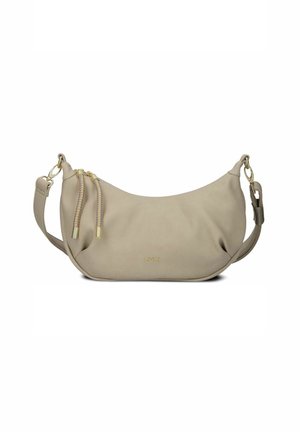 Beige Schultertasche aus glattem Material, mit einer runden Form, goldenen Hardware-Akzenten und zwei dekorativen Reißverschluss-Ziehgriffen.