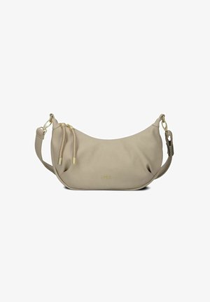 Beige Schultertasche aus glattem Material, mit einer runden Form, goldenen Hardware-Akzenten und zwei dekorativen Reißverschluss-Ziehgriffen.