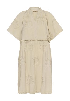 Beige midimekko, jossa on lyhyet leveät hihat, V-kaula-aukko, röyhelöinen kaulus ja kuvioitua kukkaista kirjontaa koko kankaan alueella.