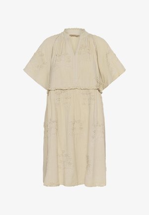 Beige midimekko, jossa on lyhyet leveät hihat, V-kaula-aukko, röyhelöinen kaulus ja kuvioitua kukkaista kirjontaa koko kankaan alueella.