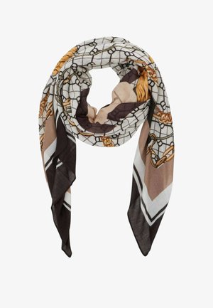 Foulard quadrato con sfondo chiaro, motivo a griglia e catene in accenti oro e marrone; tessuto leggero e strutturato.