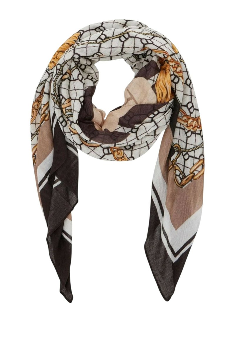 Foulard quadrato con sfondo chiaro, motivo a griglia e catene in accenti oro e marrone; tessuto leggero e strutturato.