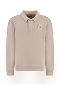 Beige langemouw poloshirt gemaakt van een gestructureerd materiaal, met een klassieke kraag en een rond logo op de borst.