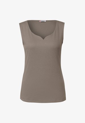 Top senza maniche di colore beige sbiadito con scollatura a V. Realizzato in materiale a coste testurizzato, presenta un design semplice e lineare.